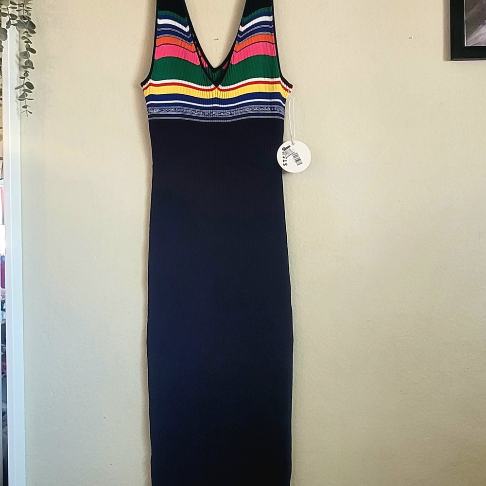 NWT XL STAUD Multicolor Striped Rib Knit Midi Dress - Picture 6 of 14
